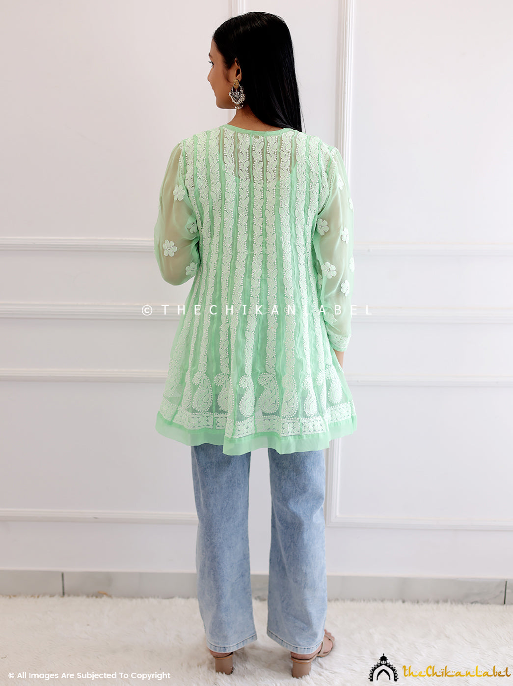 Green Georgette Chikankari Short Anarkali Kurti