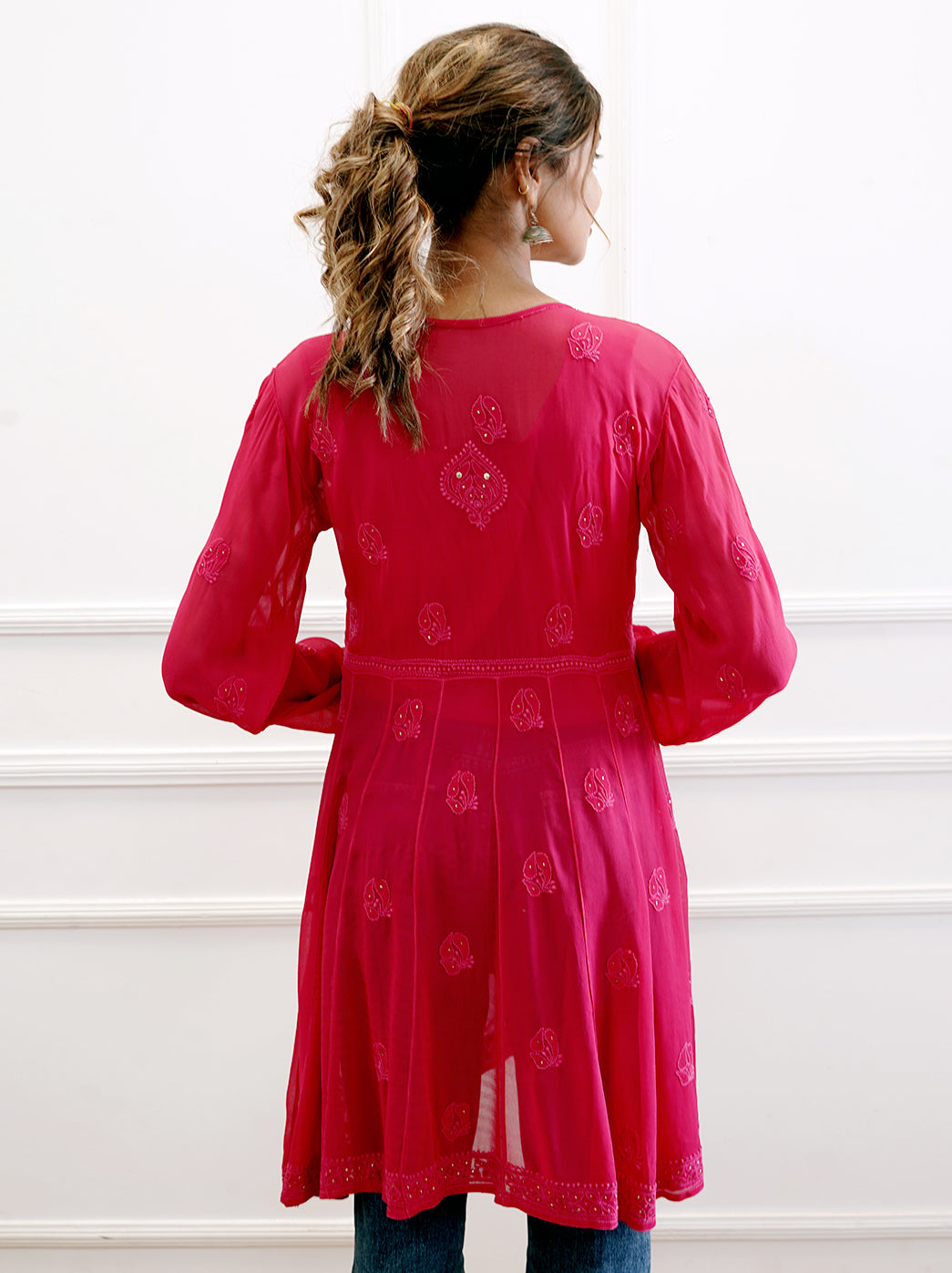 Pink Viscose Chikankari Short Top