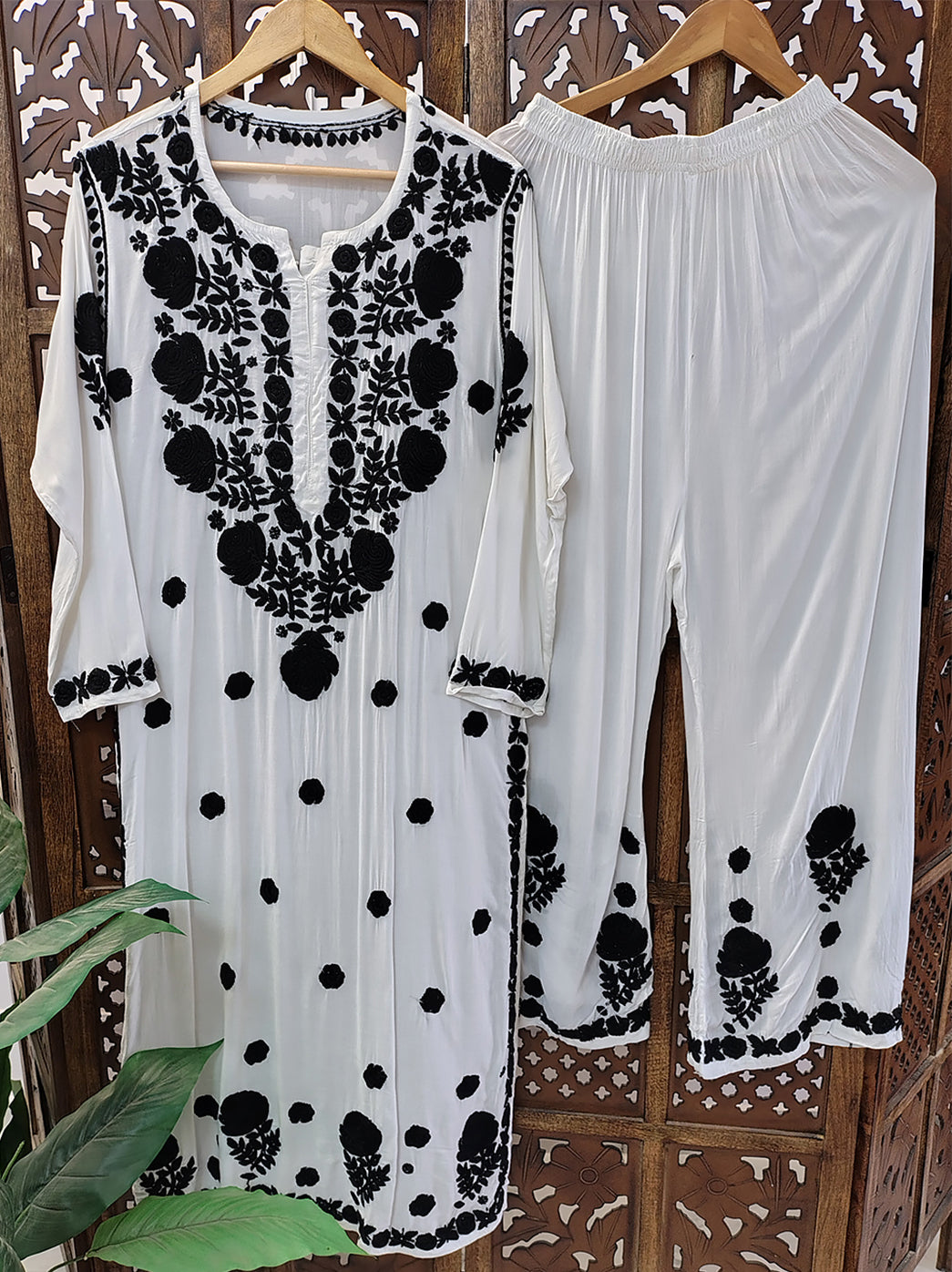 White Modal Chikankari Kurti Palazzo Set