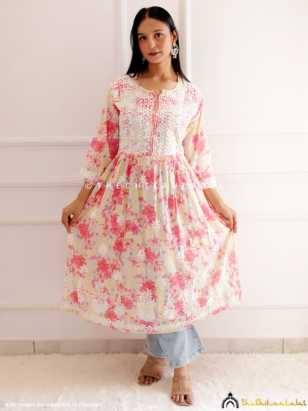 Beige Mulmul Printed Chikankari A-Line Kurti