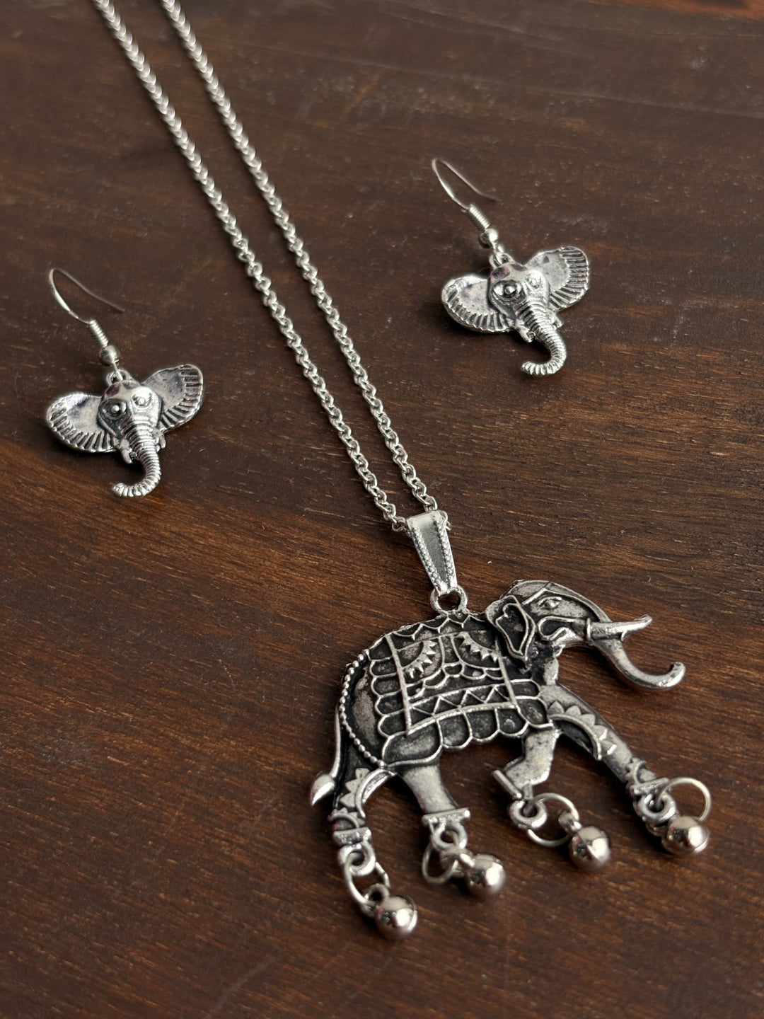 Gajraj Oxidised Silver-Tone Elephant Pendant Necklace & Earrings Set