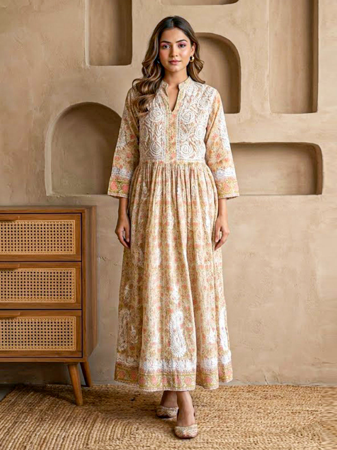Pista Green Mulmul Chikankari Anarkali Kurti