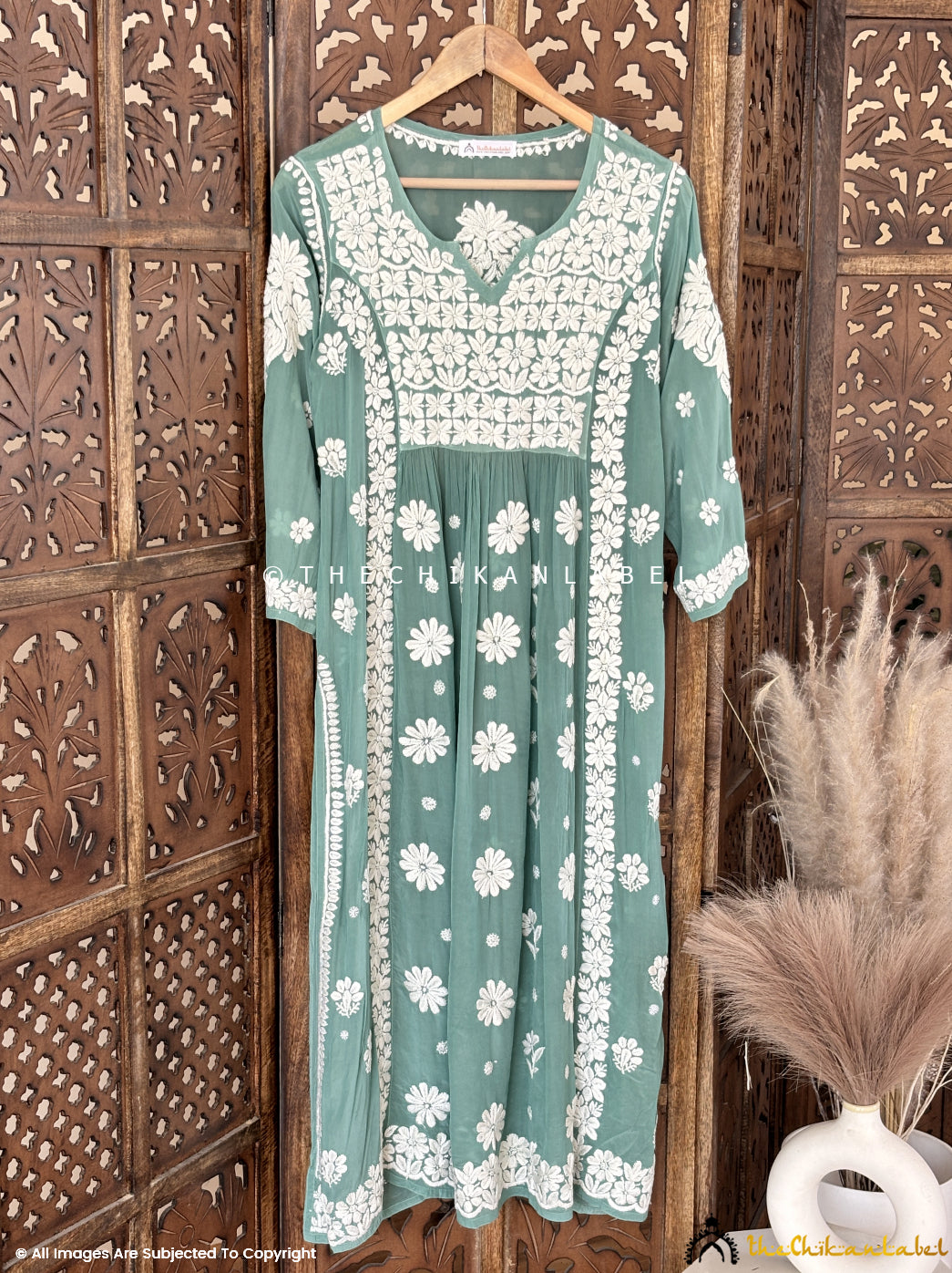 Green Samina Crepe Straight Chikankari Kurti