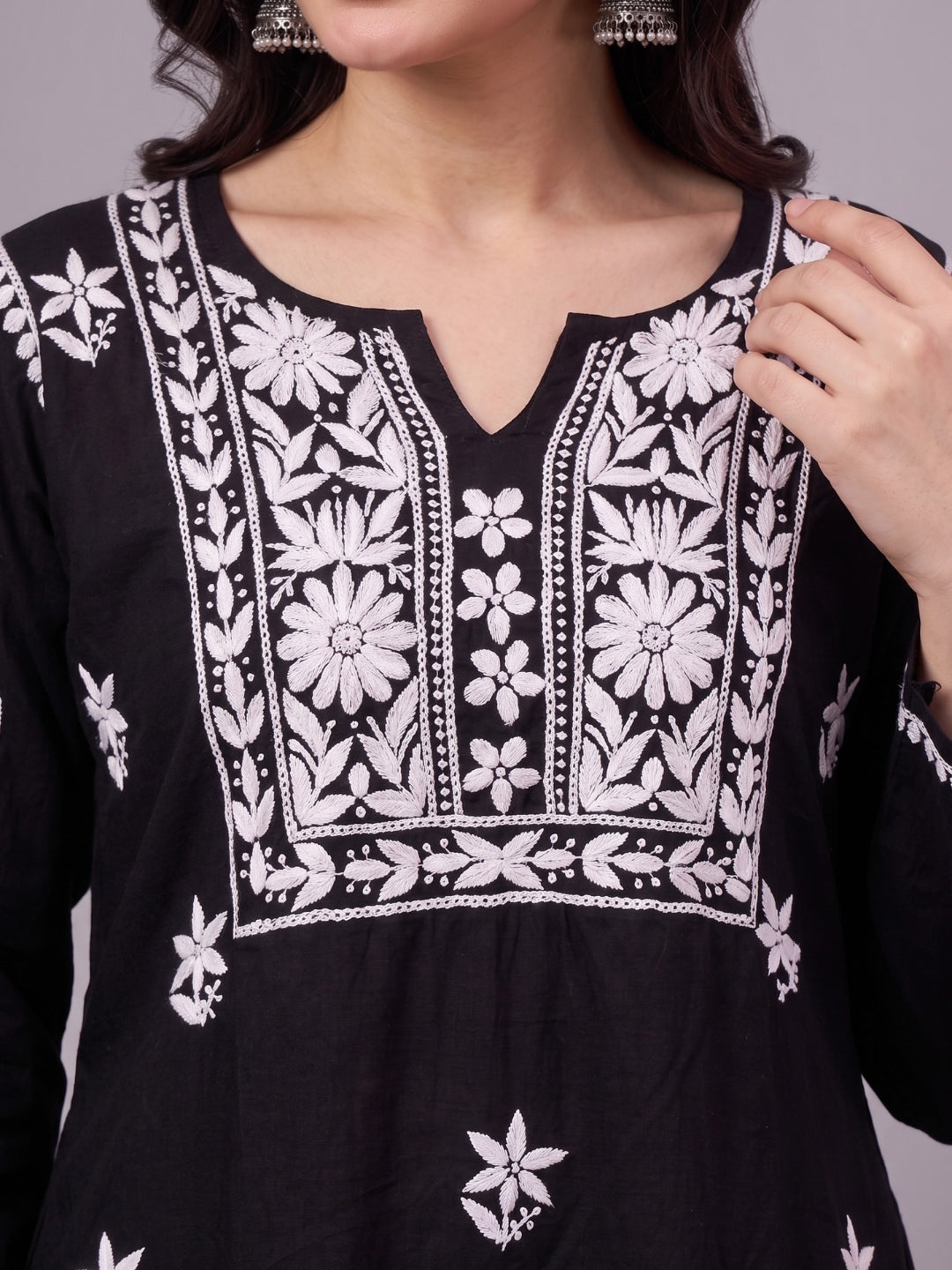 Nushq Rayon Chikankari Short Kurti - Black