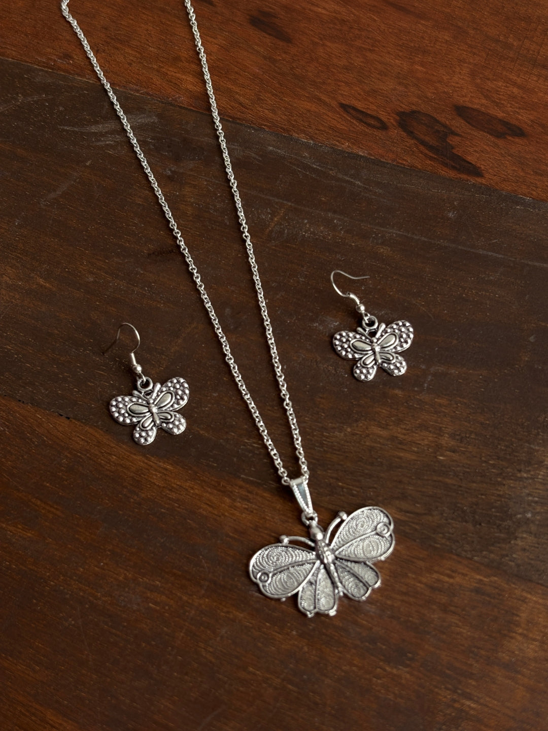 Titli Oxidised Silver Butterfly Pendant Necklace & Earrings Set