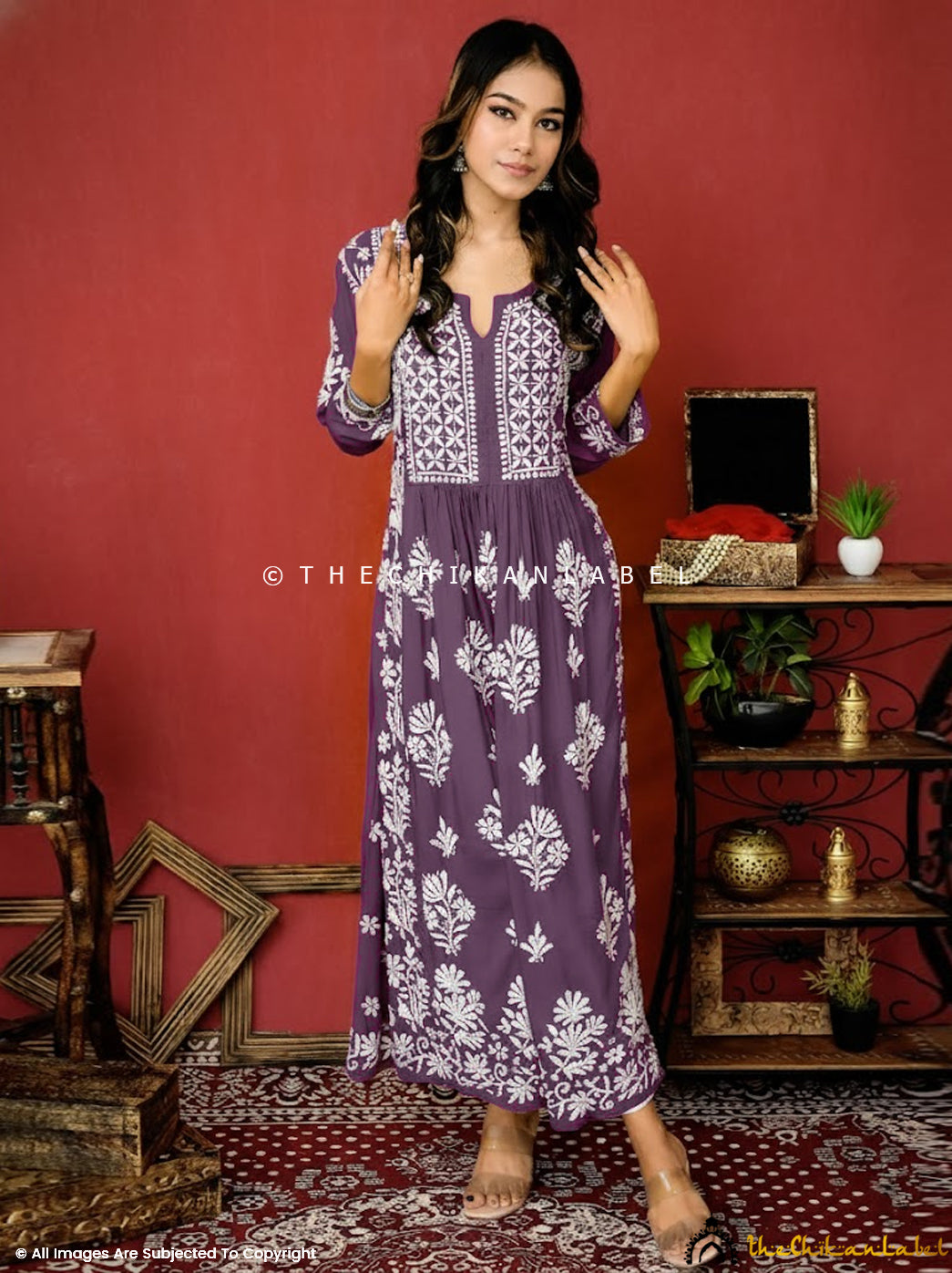 Mauve Zinia Modal Chikankari A-Line Kurti