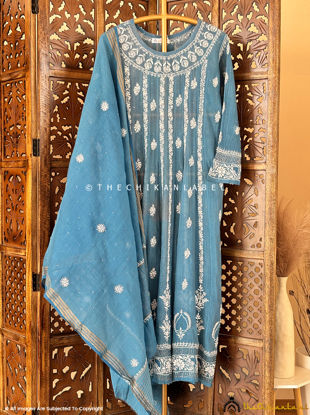 Blue Bhoomi Tissue Silk Chikankari Straight Kurti with Dupatta