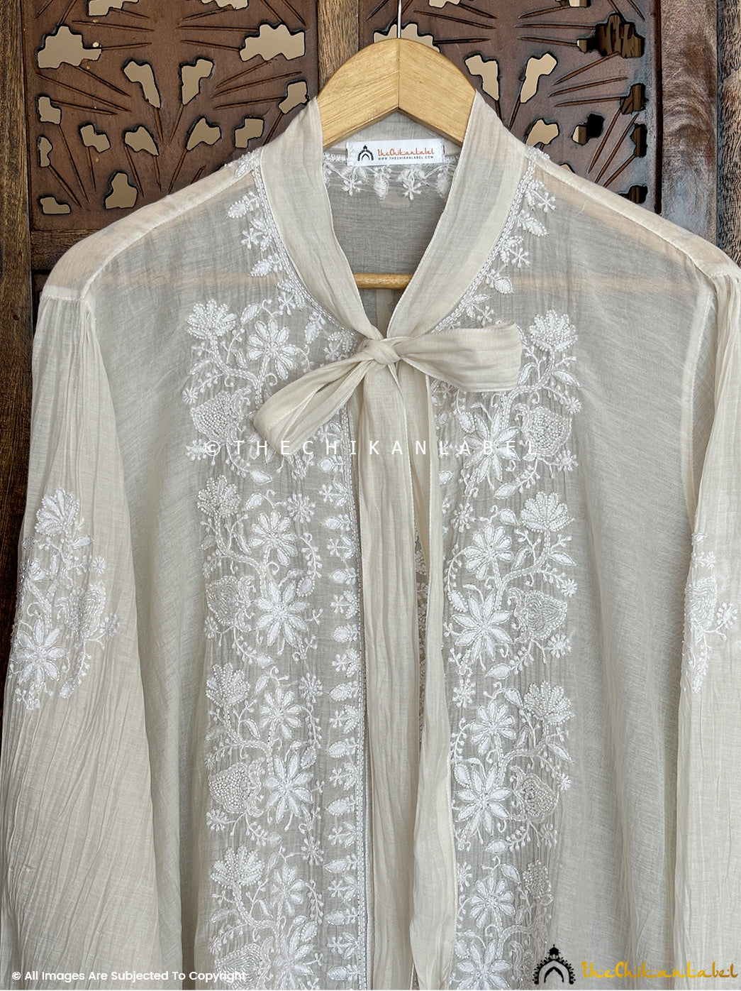 White Anvi Mulmul Chanderi Semi-stitched Chikankari Shirt