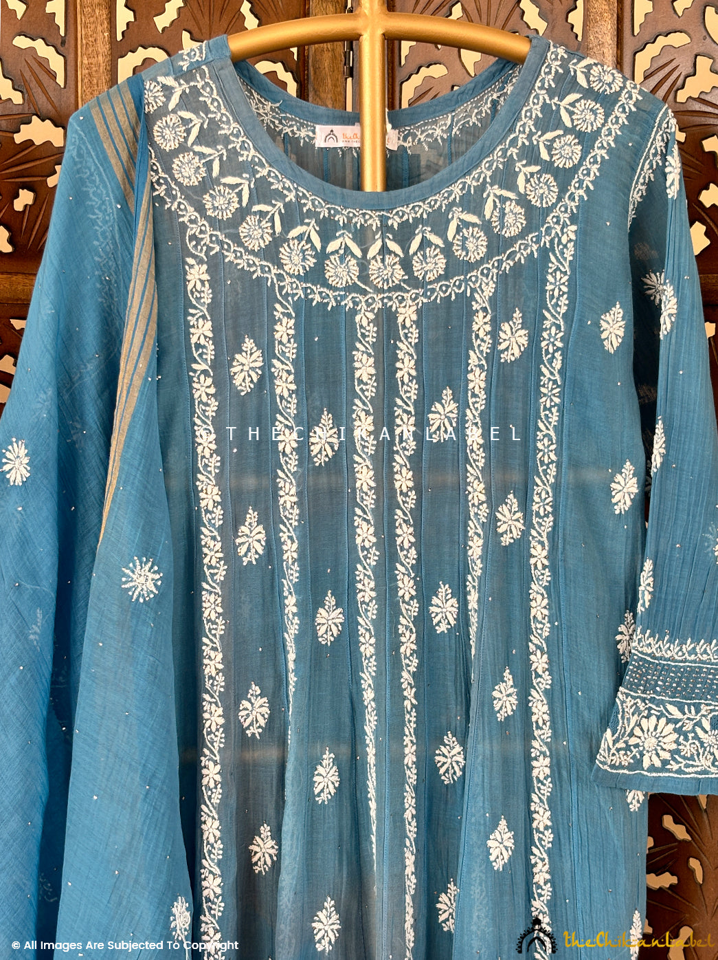 Blue Bhoomi Tissue Silk Chikankari Straight Kurti with Dupatta