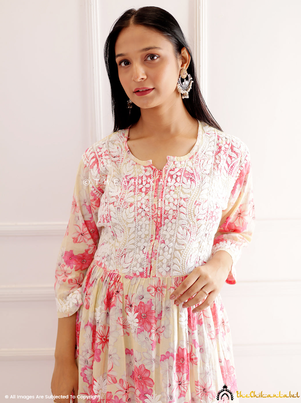 Beige Mulmul Printed Chikankari A-Line Kurti
