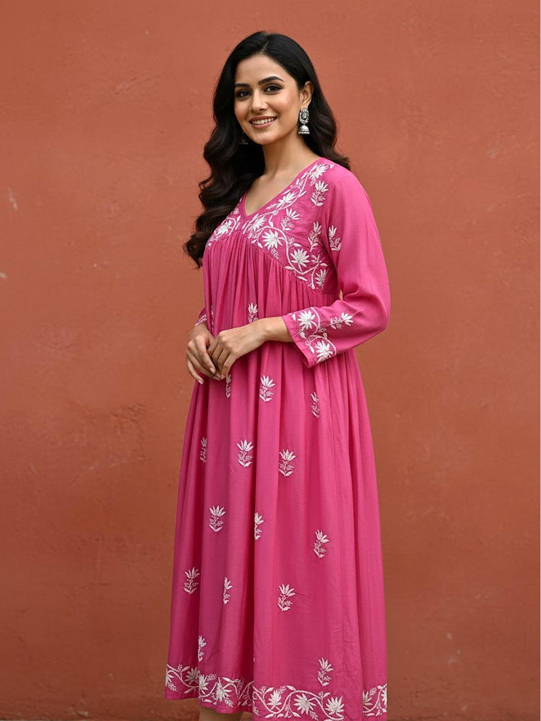 Pink Muslin Chikankari A-Line Kurti
