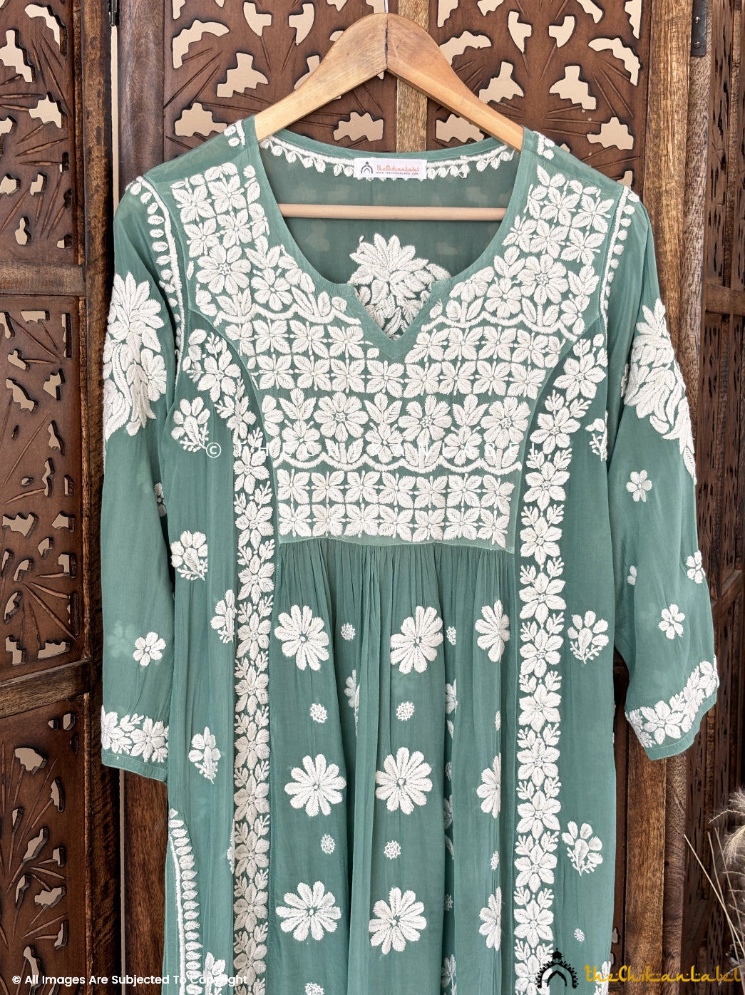 Green Samina Crepe Straight Chikankari Kurti