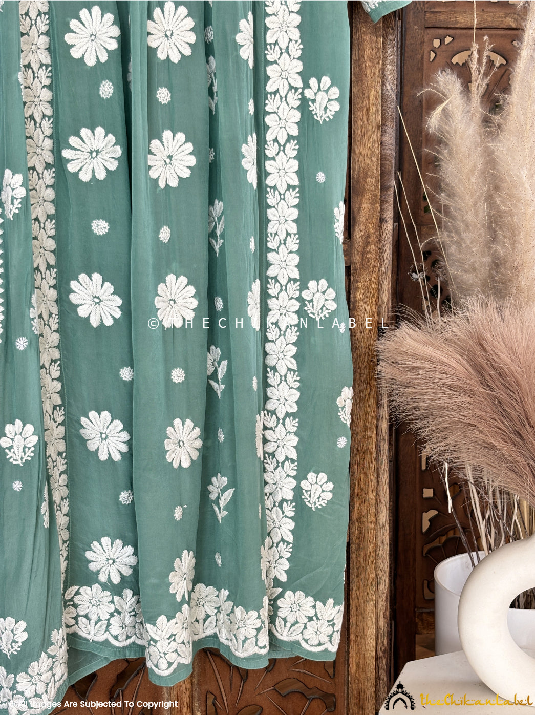 Green Samina Crepe Straight Chikankari Kurti