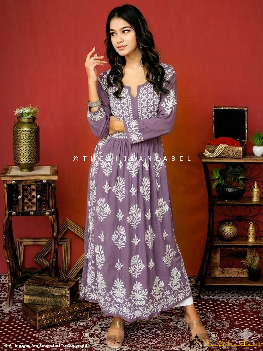 Mauve Zinia Modal Chikankari A-Line Kurti