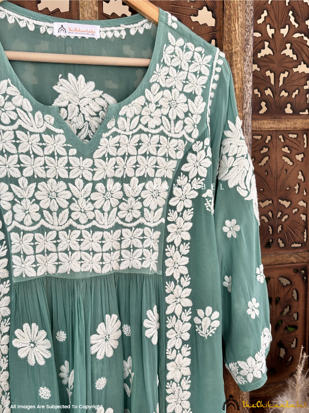 Green Samina Crepe Straight Chikankari Kurti