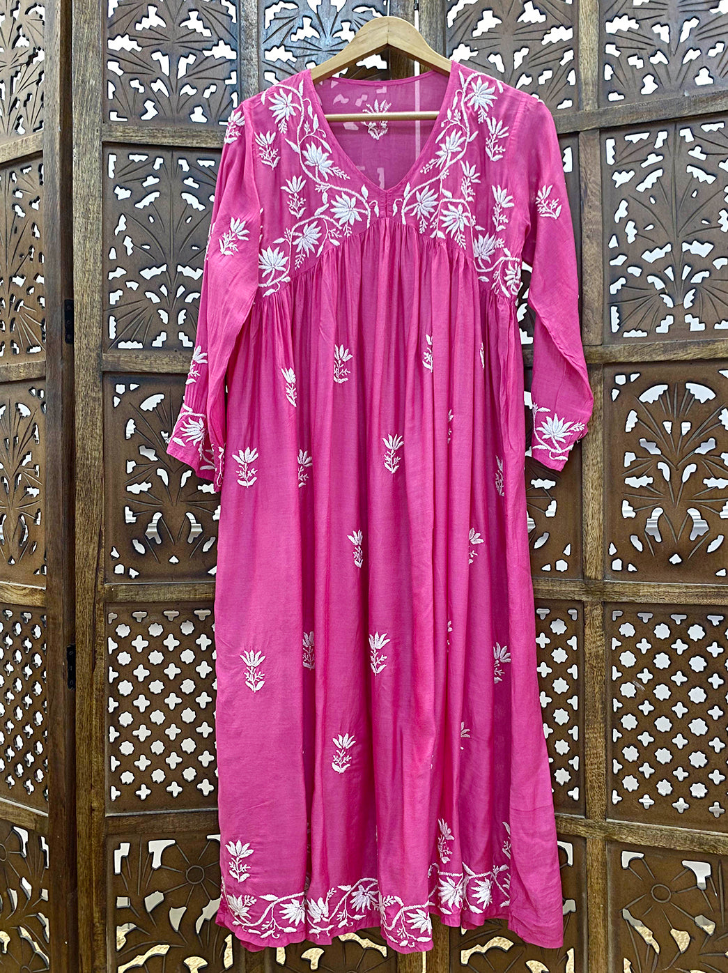 Pink Muslin Chikankari A-Line Kurti