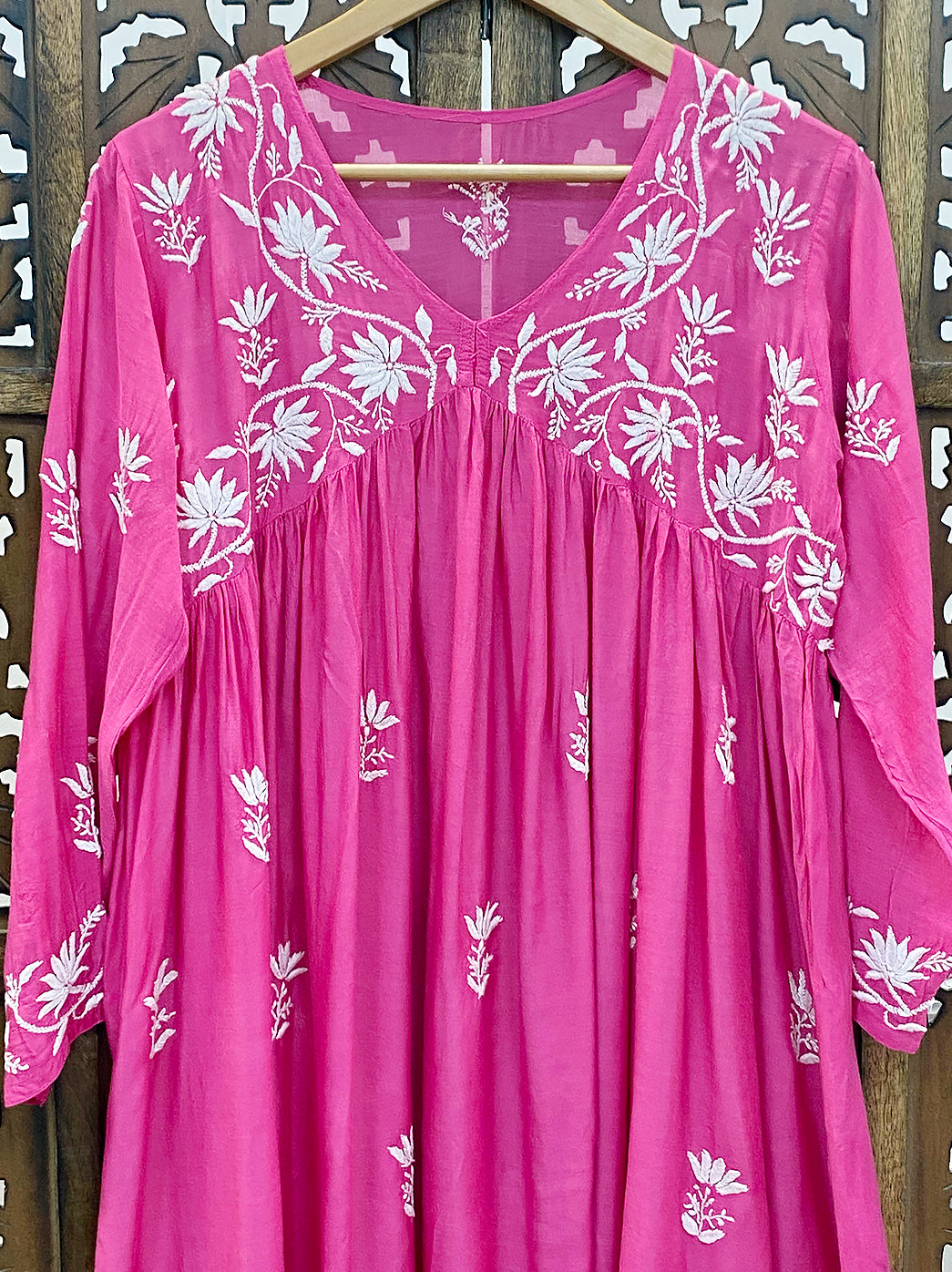 Pink Muslin Chikankari A-Line Kurti