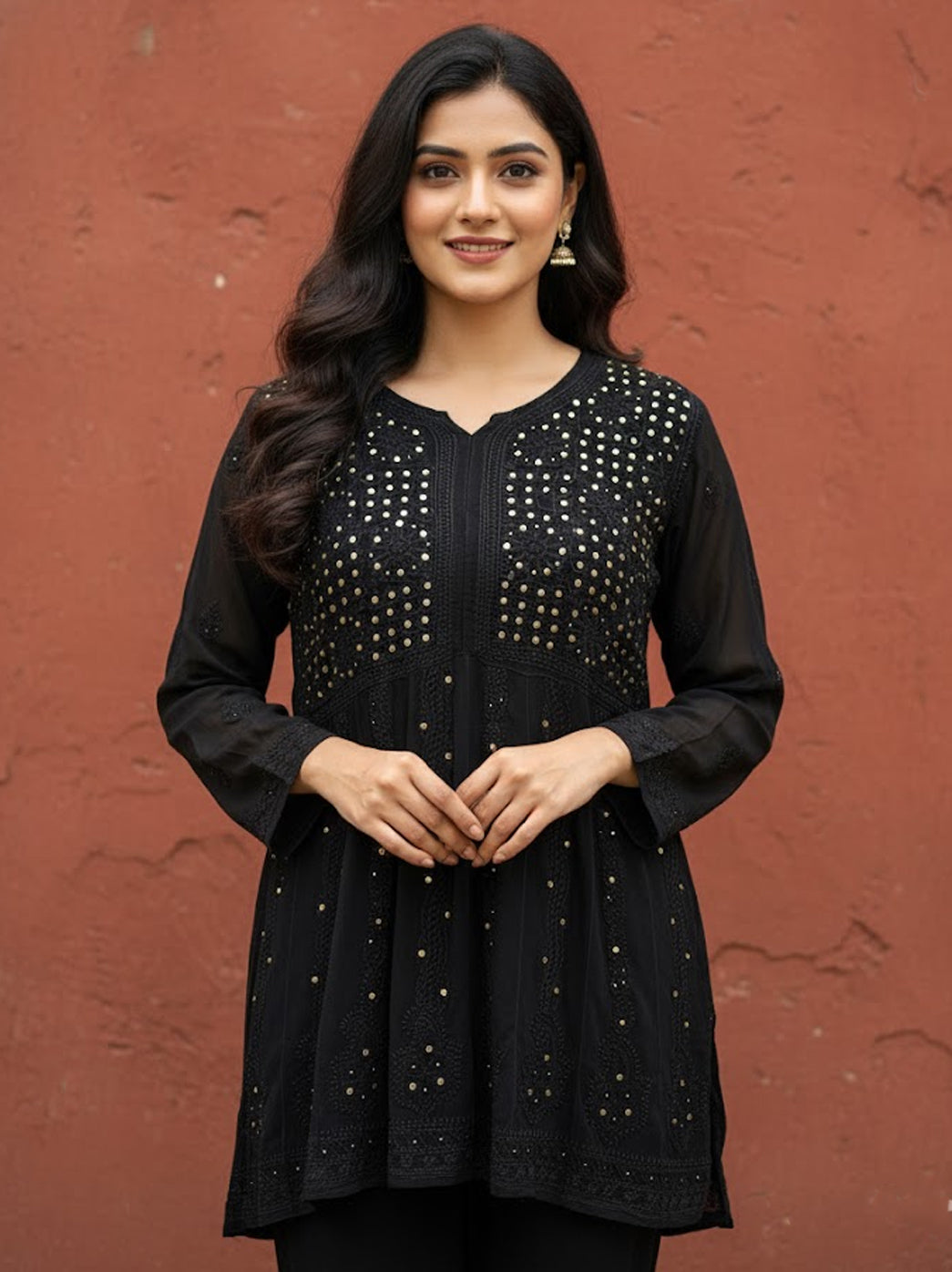 Black Viscose Chikankari Short Top