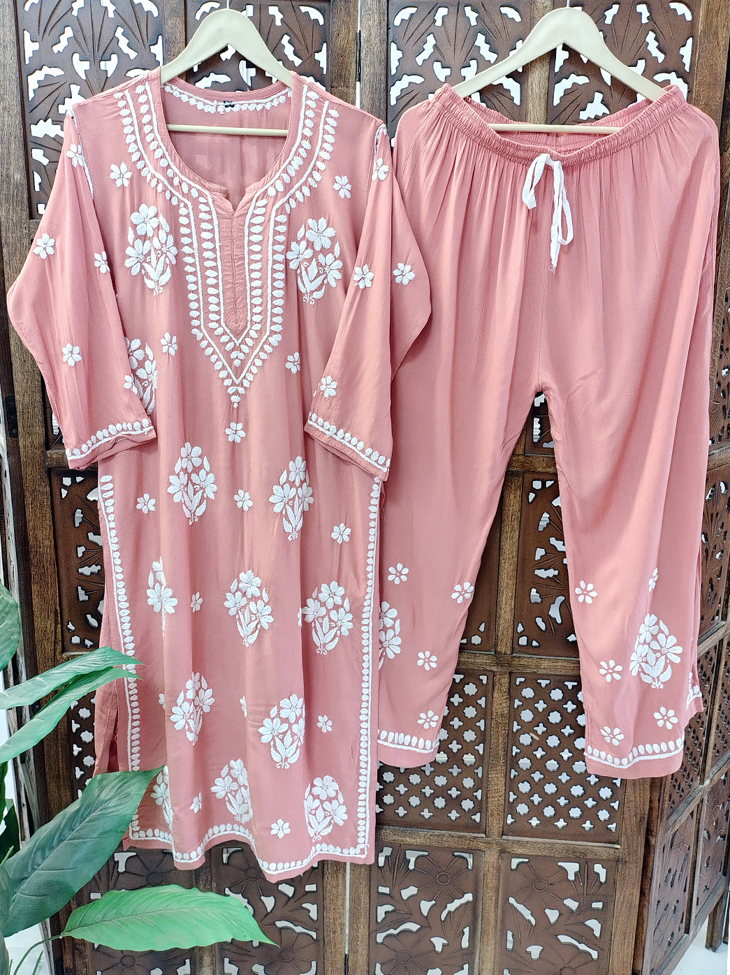 Light Peach Rayon Chikankari Kurti Palazzo Set