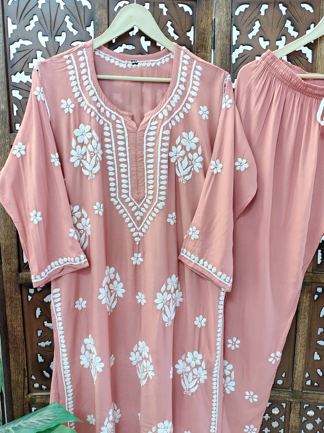 Light Peach Rayon Chikankari Kurti Palazzo Set
