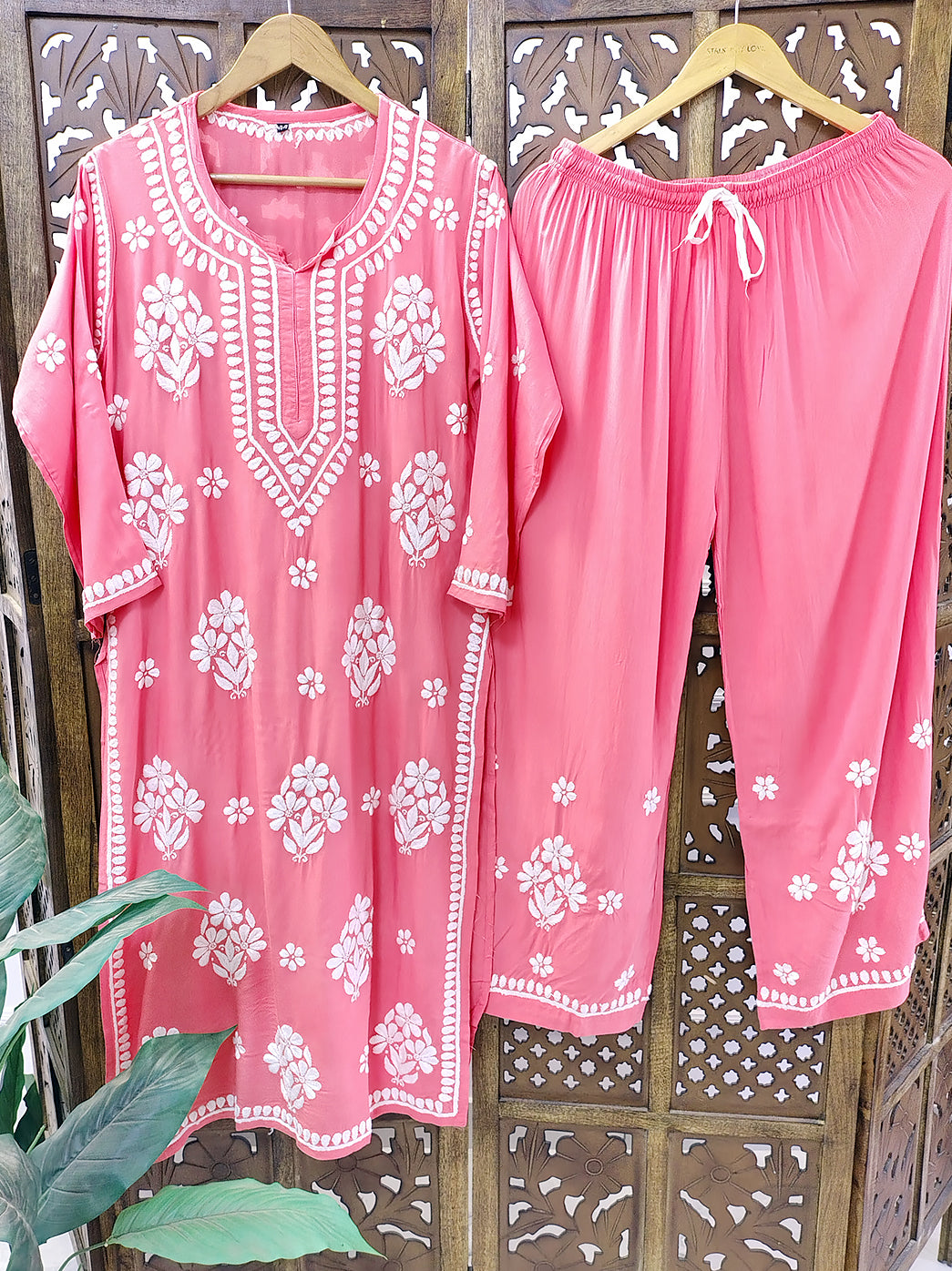 Peach Rayon Chikankari Kurti Palazzo Set