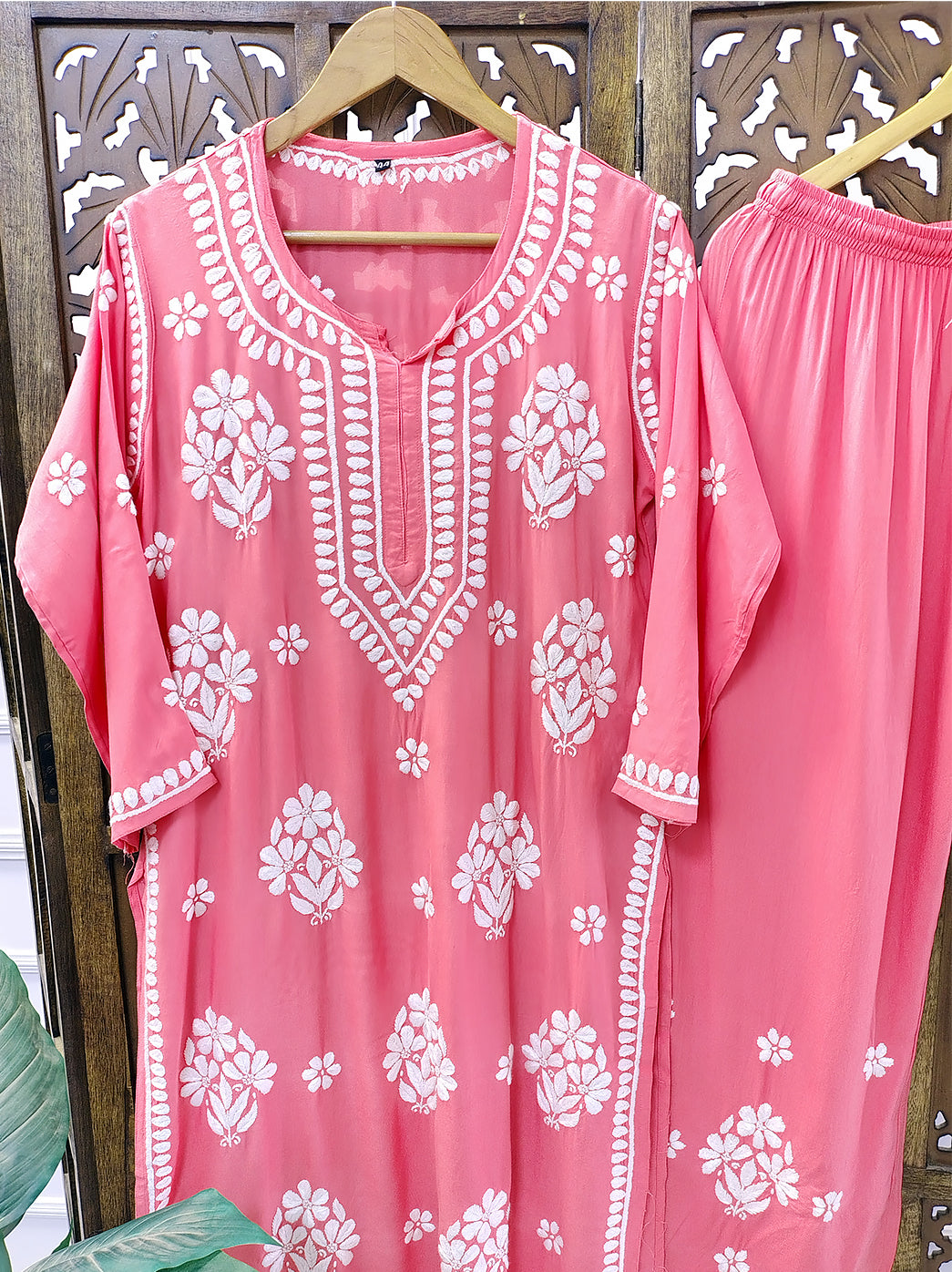 Peach Rayon Chikankari Kurti Palazzo Set
