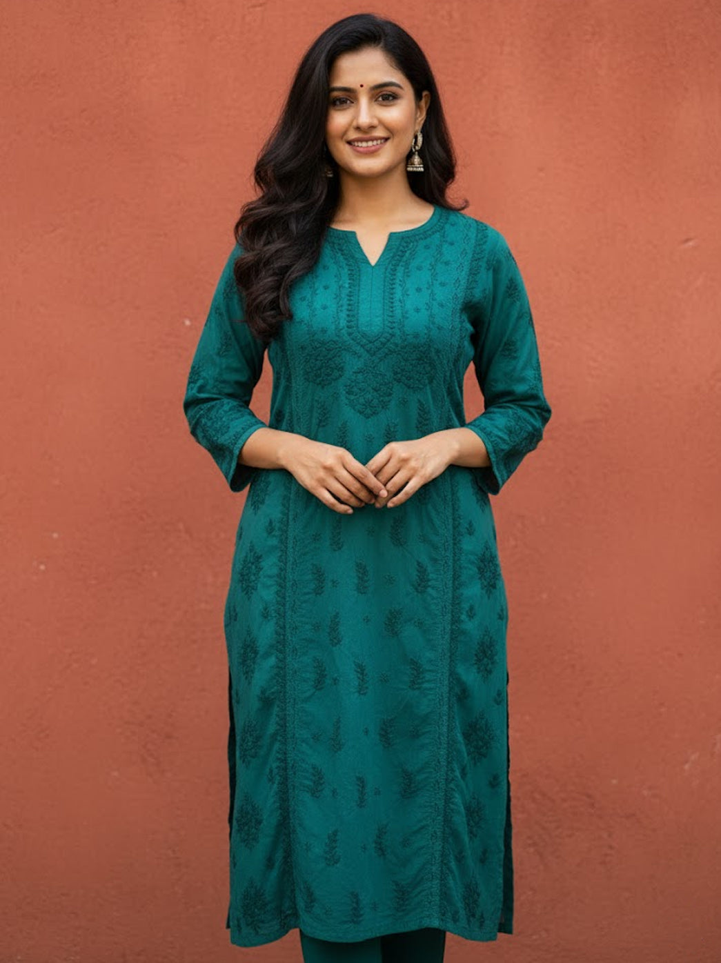 Green Cotton Chikankari Straight Kurti