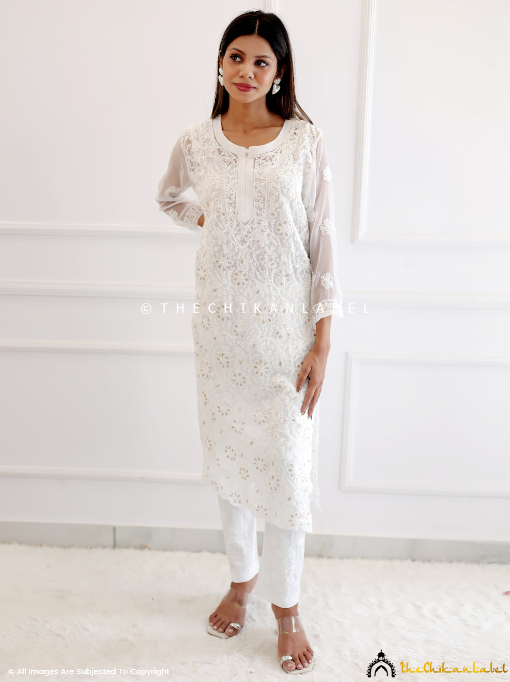 White Georgette Chikankari Straight Gota Patti Kurti