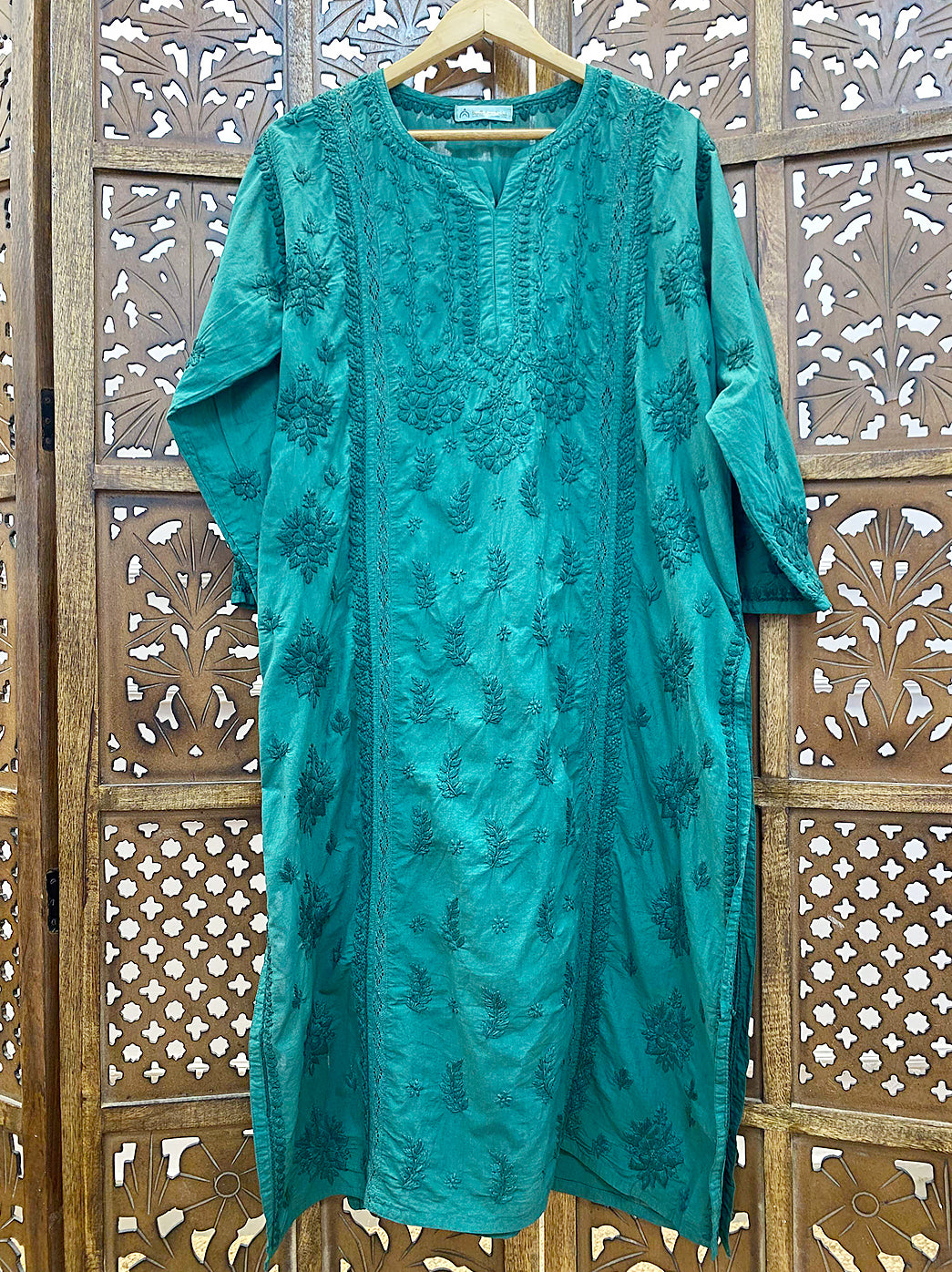 Green Cotton Chikankari Straight Kurti