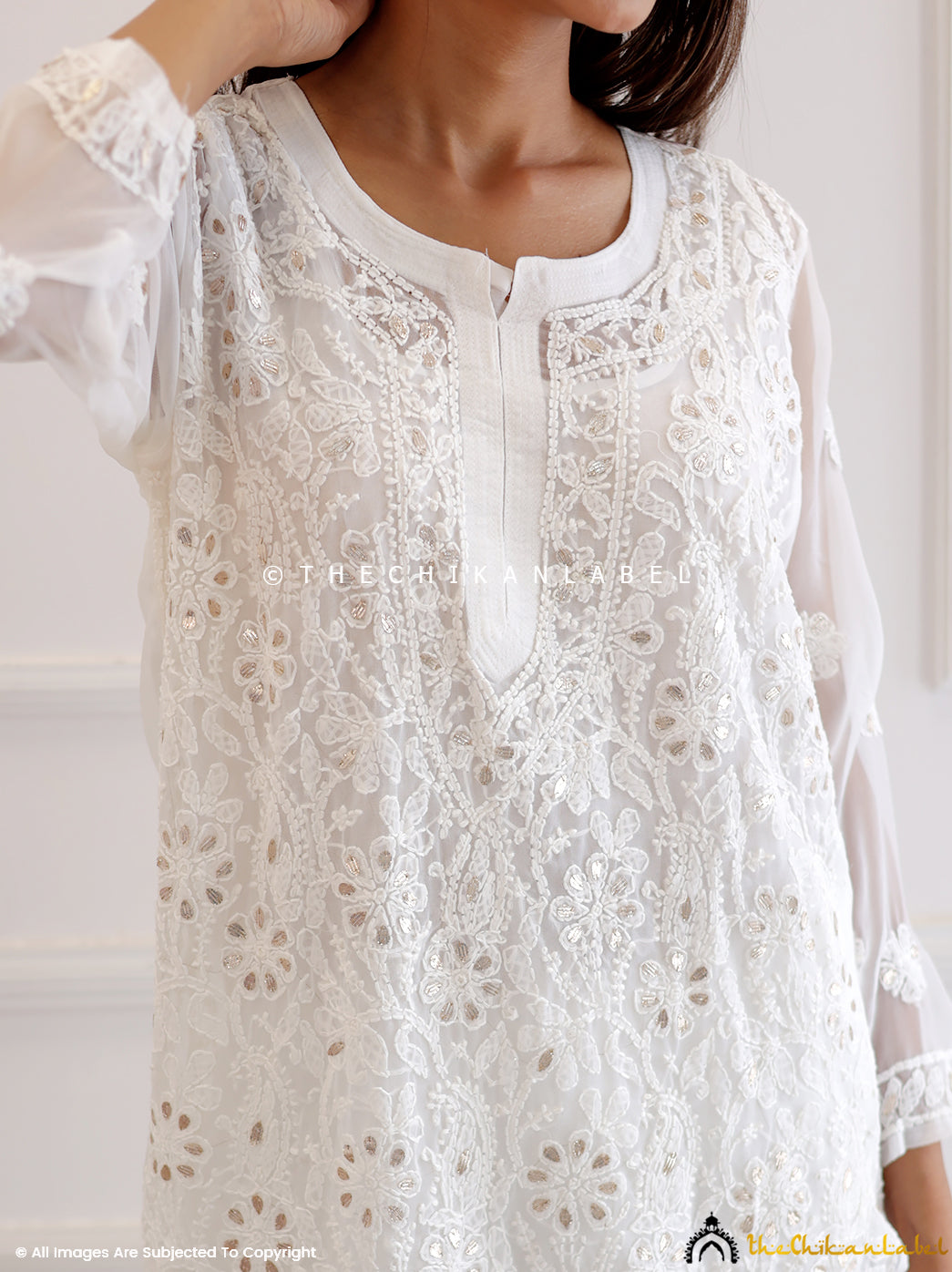 White Georgette Chikankari Straight Gota Patti Kurti