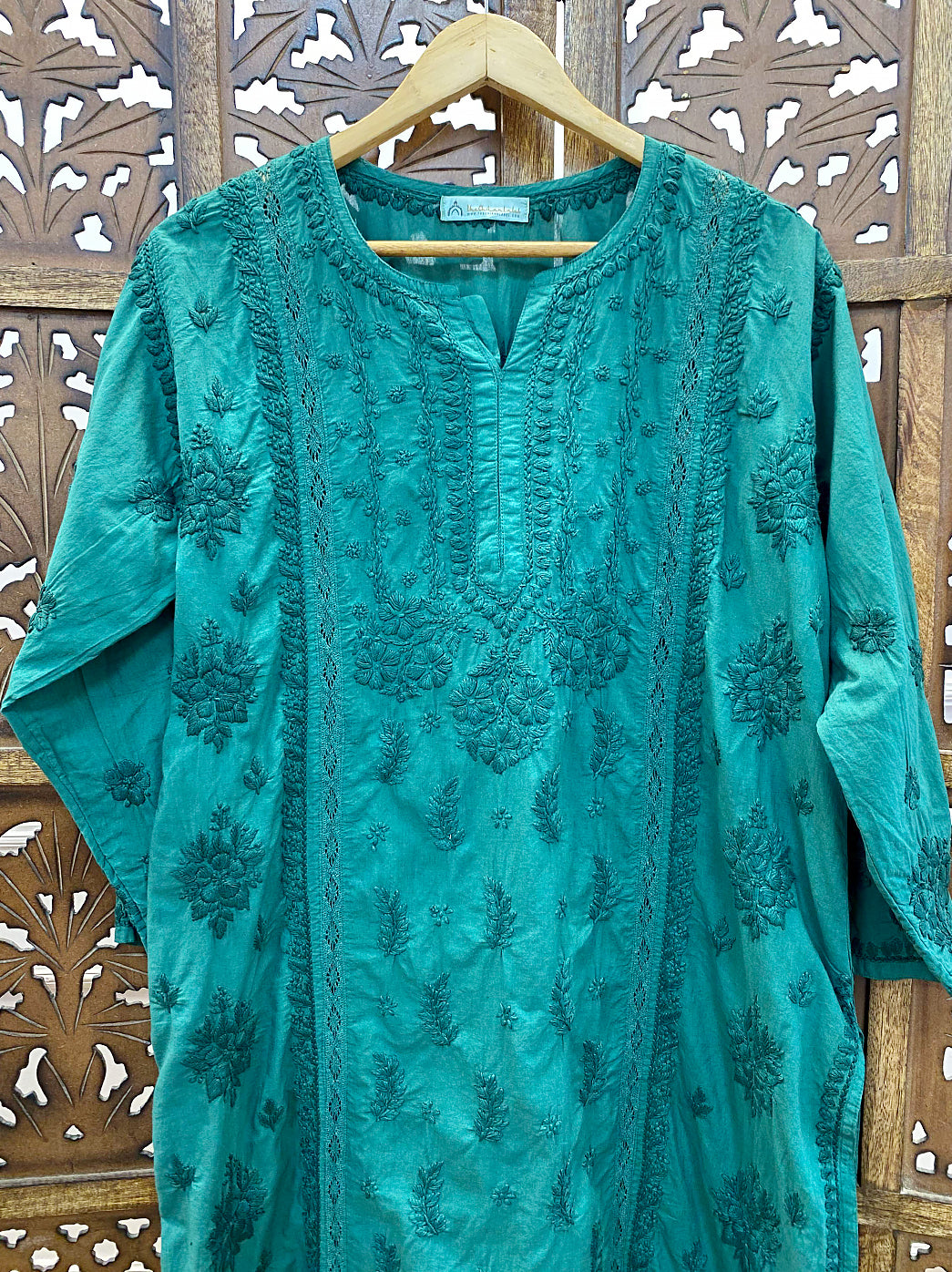 Green Cotton Chikankari Straight Kurti