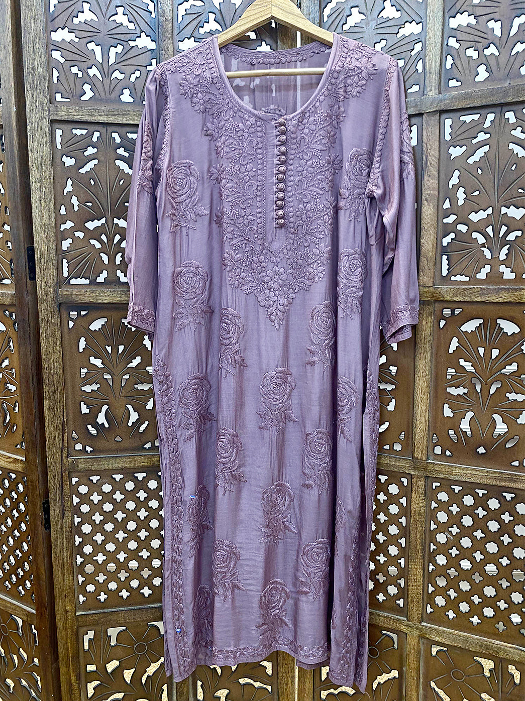 Choco Gulaab Muslin Chikankari Straight Kurti