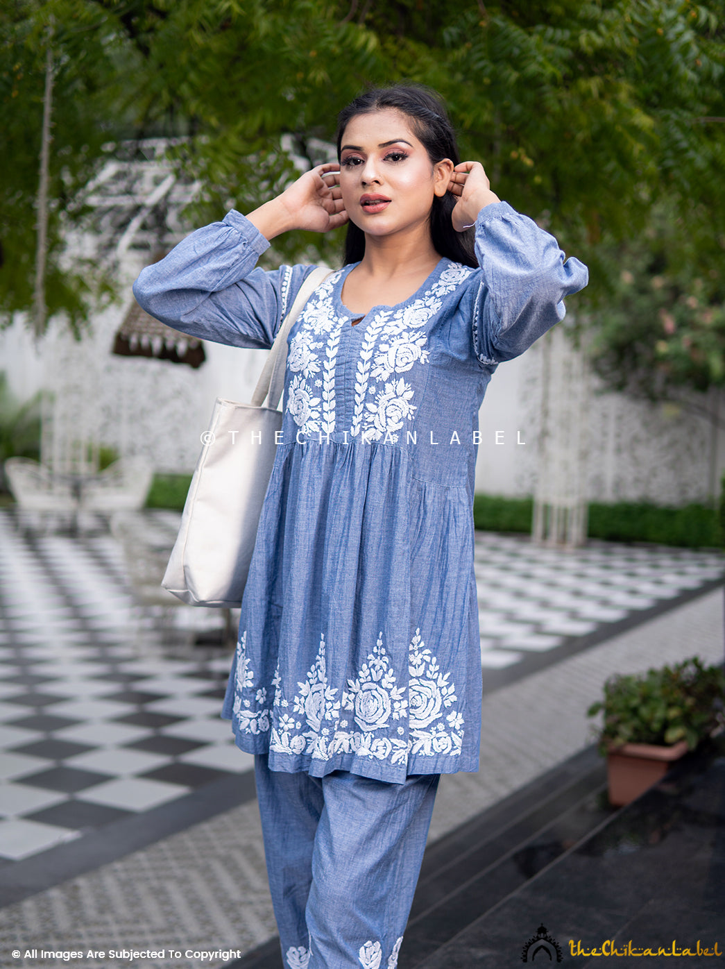 Laiba Denim Chikankari Short Kurta Set-Grey