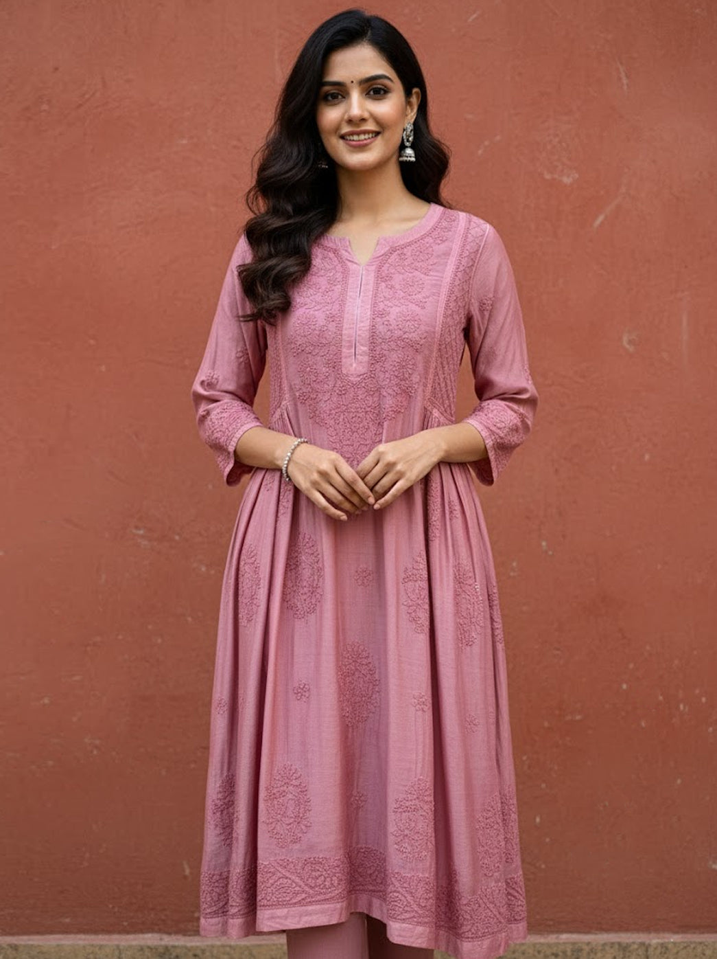 Peach Muslin Chikankari A-Line Kurti