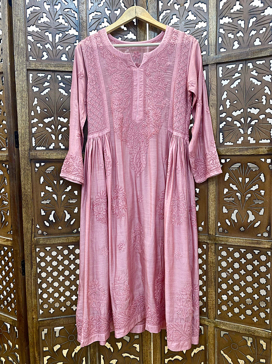 Peach Muslin Chikankari A-Line Kurti