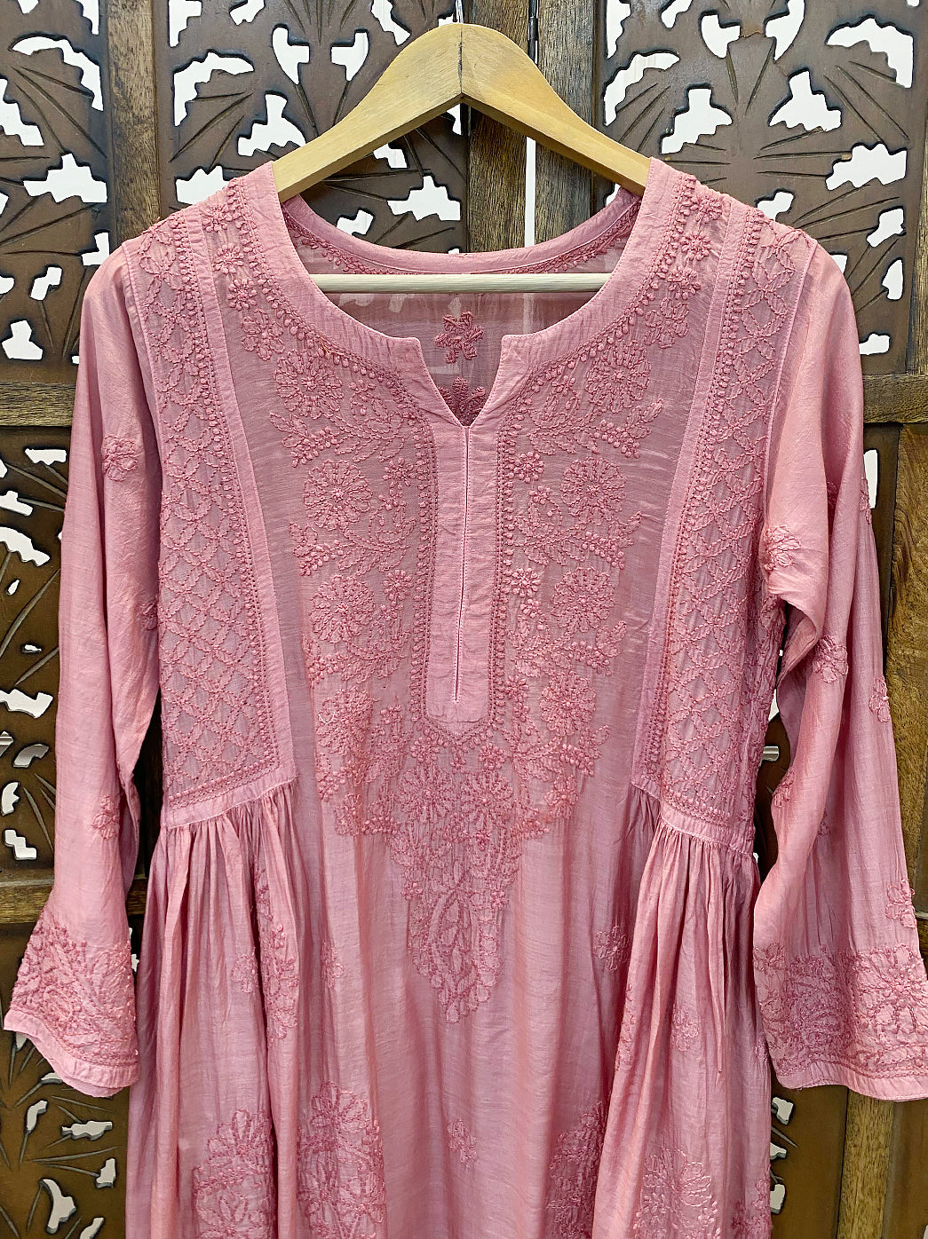 Peach Muslin Chikankari A-Line Kurti