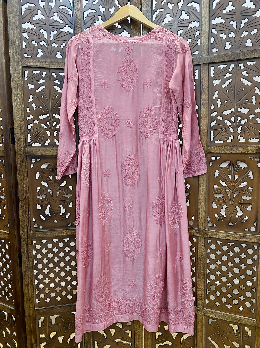 Peach Muslin Chikankari A-Line Kurti