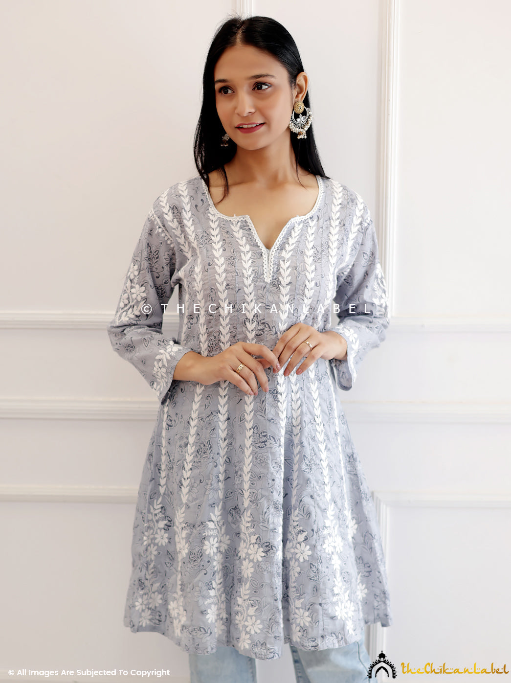 Grey Mulmul Chikankari Short Anarkali