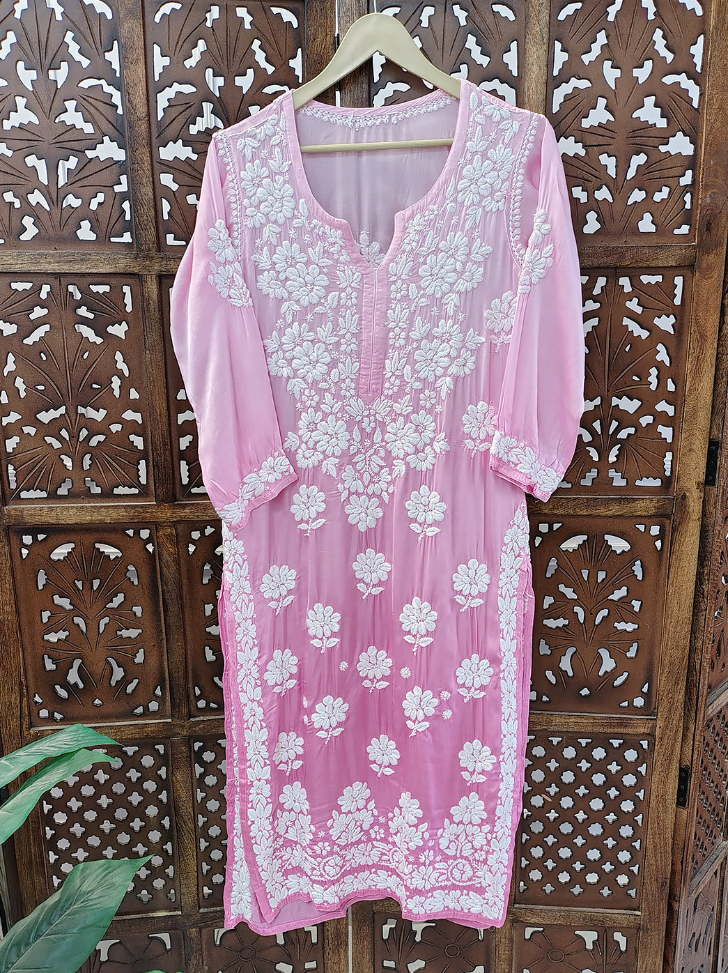 Baby Pink Ombre Satin Modal Chikankari Straight Kurti