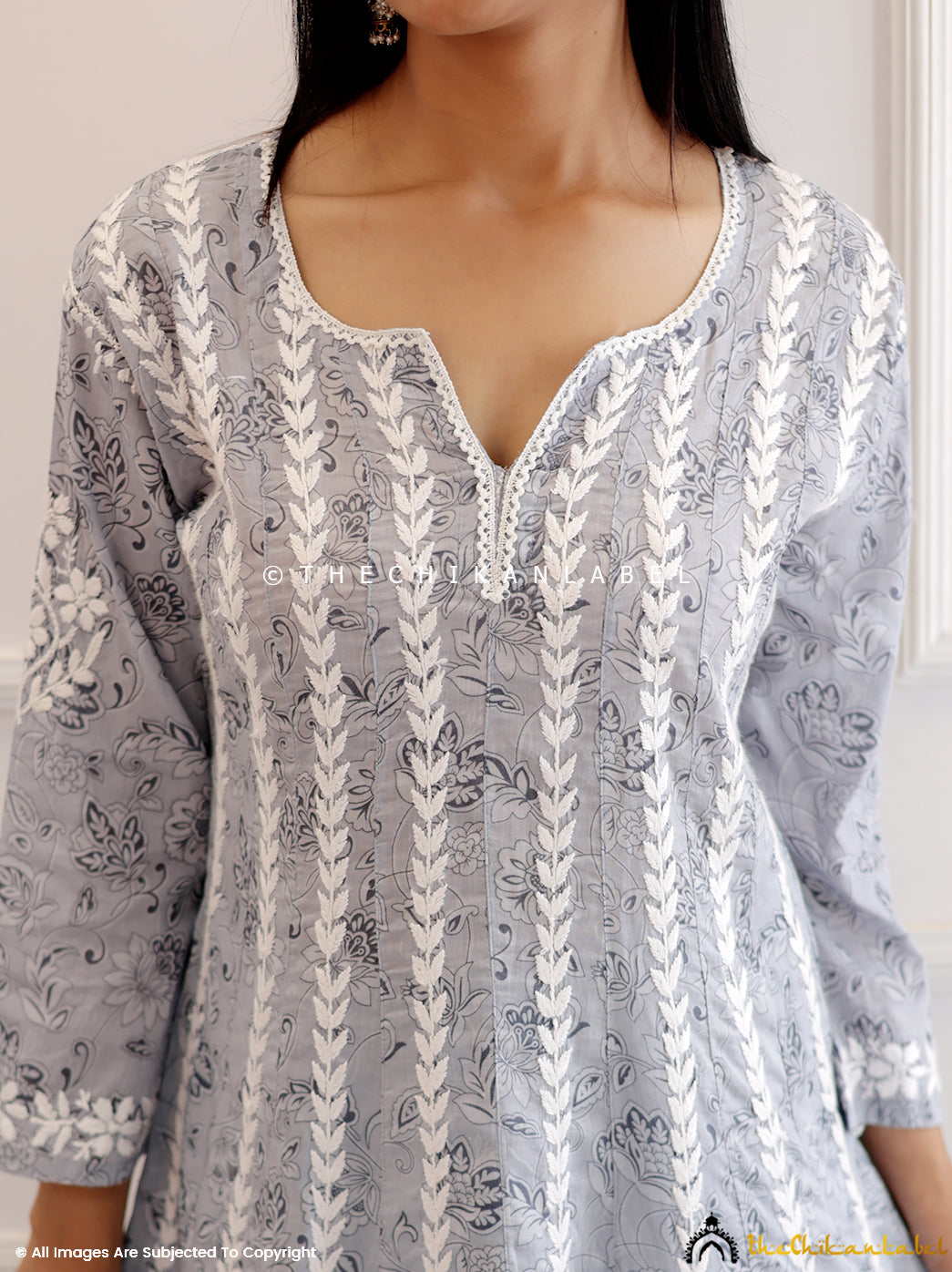 Grey Mulmul Chikankari Short Anarkali