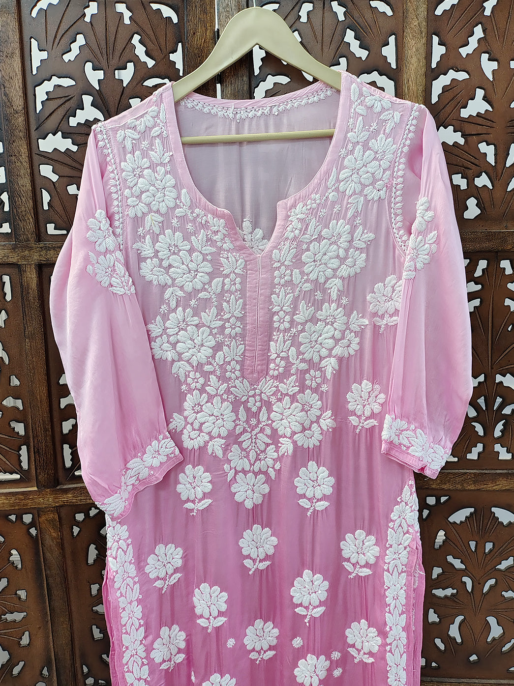 Baby Pink Ombre Satin Modal Chikankari Straight Kurti
