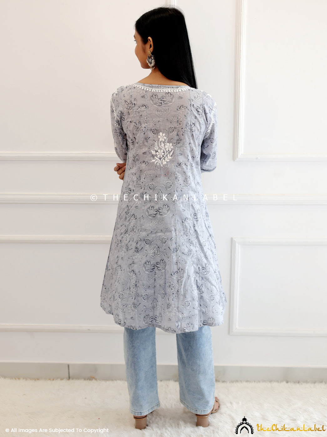 Grey Mulmul Chikankari Short Anarkali