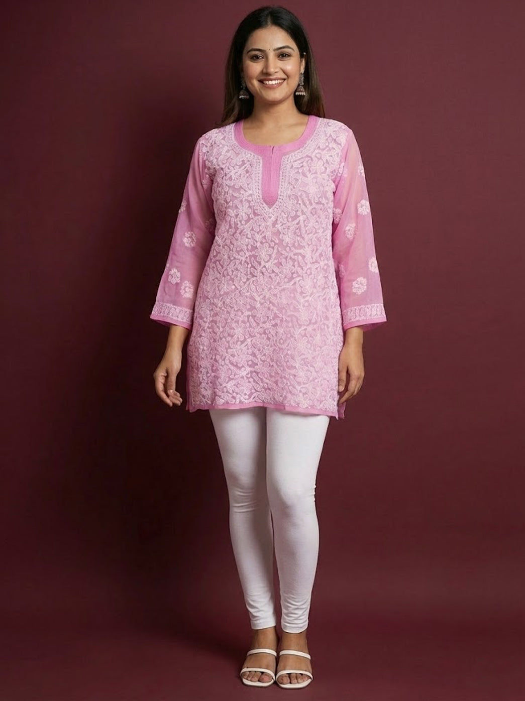 Pink Georgette Chikankari Short Jaal Kurti