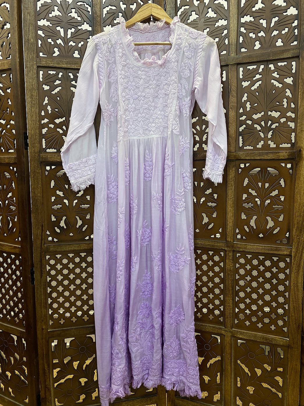 Lavender Muslin Chikankari A-Line Kurti