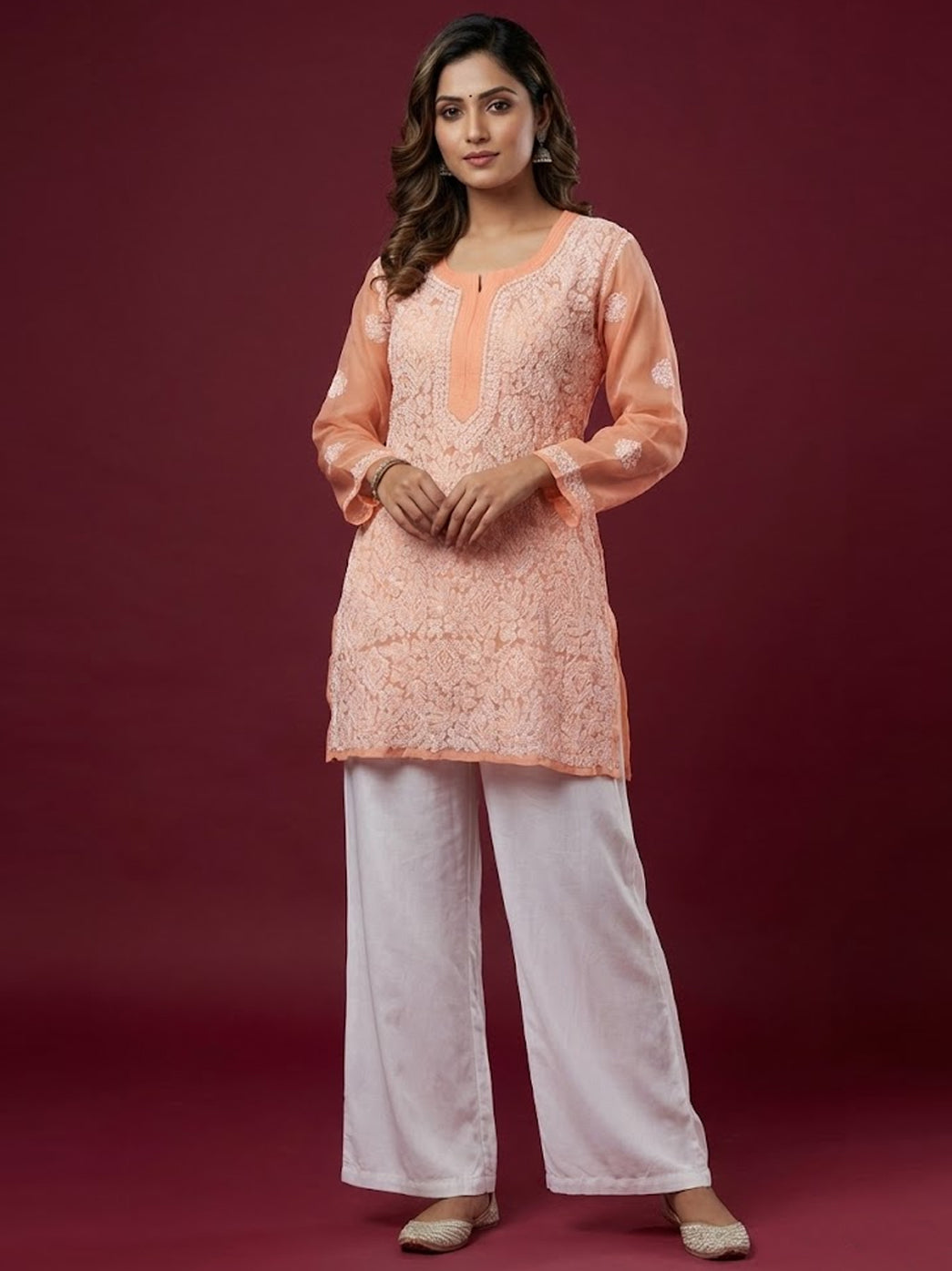 Peach Georgette Chikankari Short Jaal Kurti