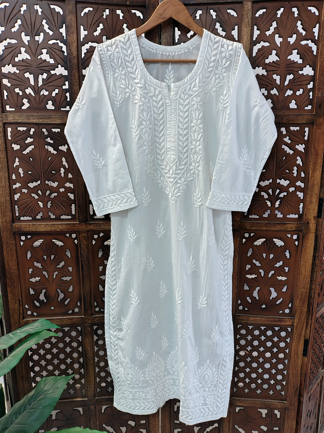 White Cotton Chikankari Straight Kurti
