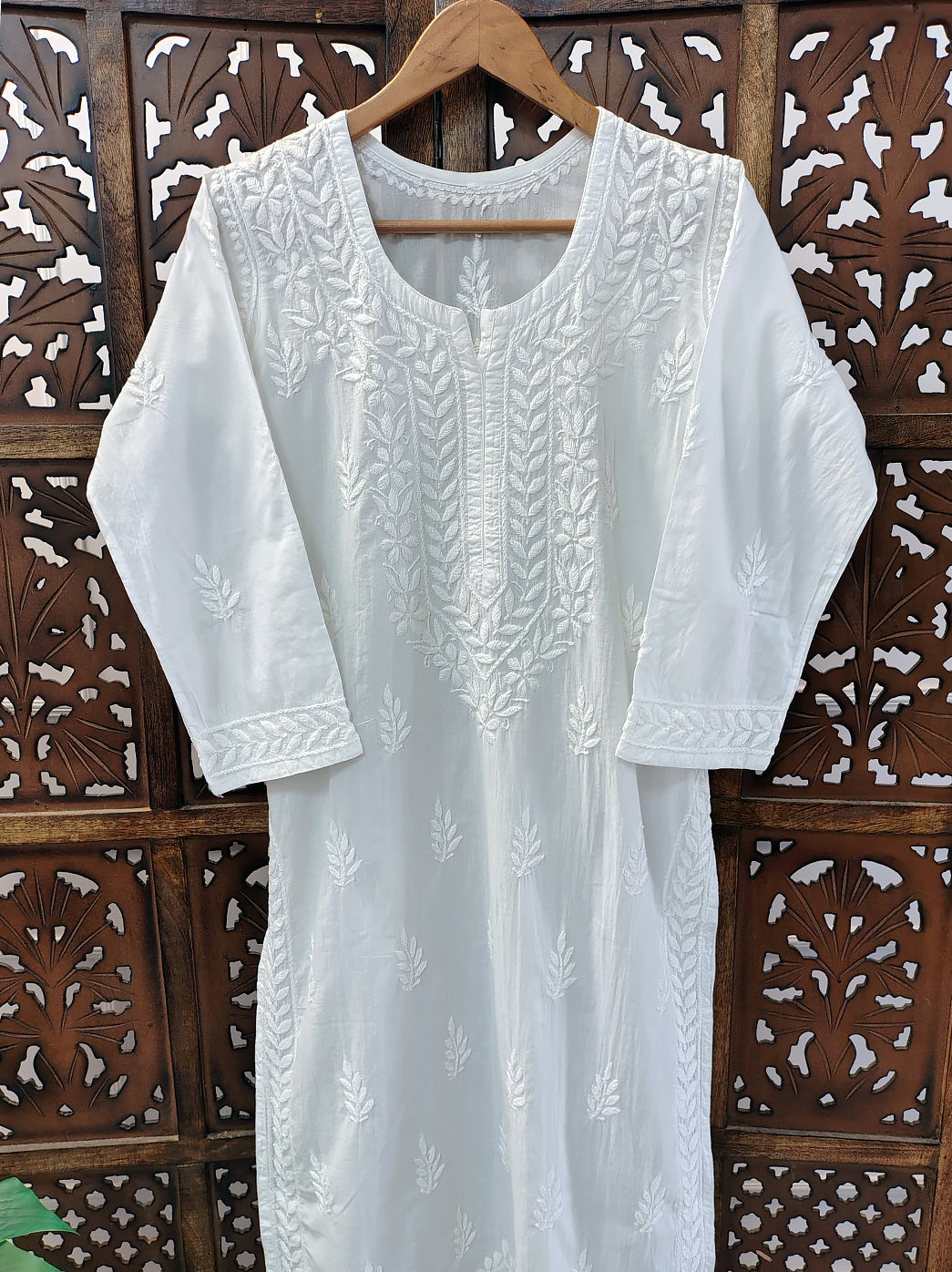 White Cotton Chikankari Straight Kurti