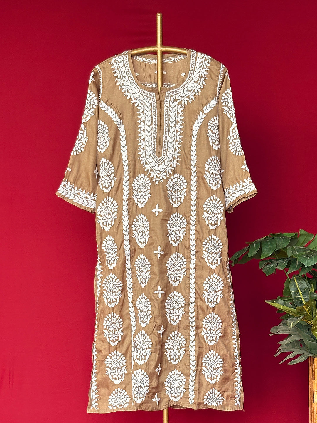 Wareeha Italian Silk Chikankari Kurta - Khaki