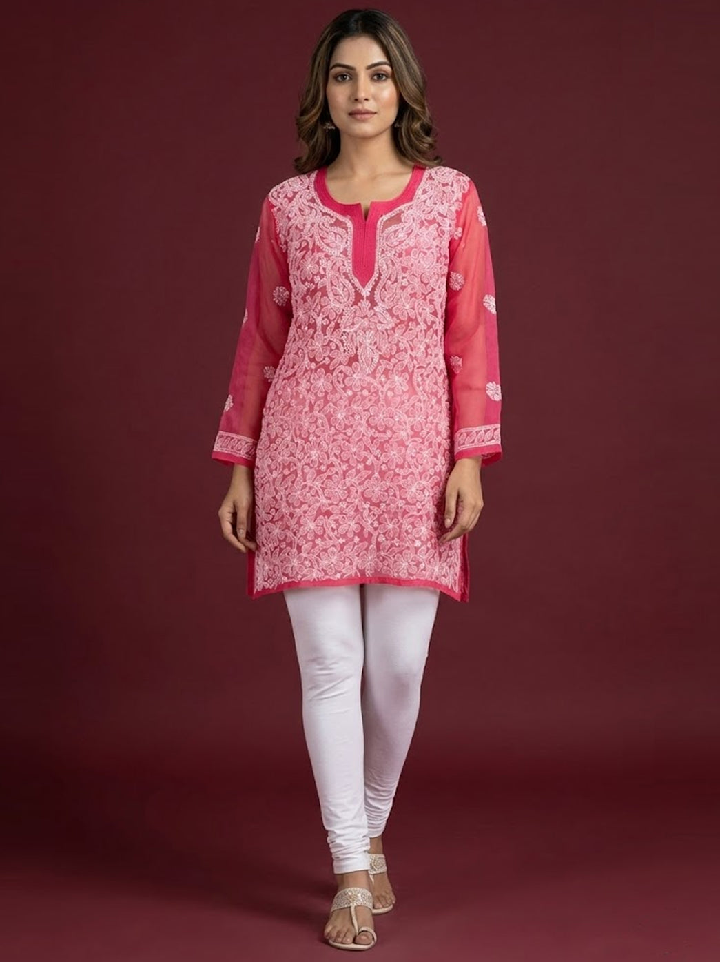 Pink Georgette Chikankari Short Jaal Kurti