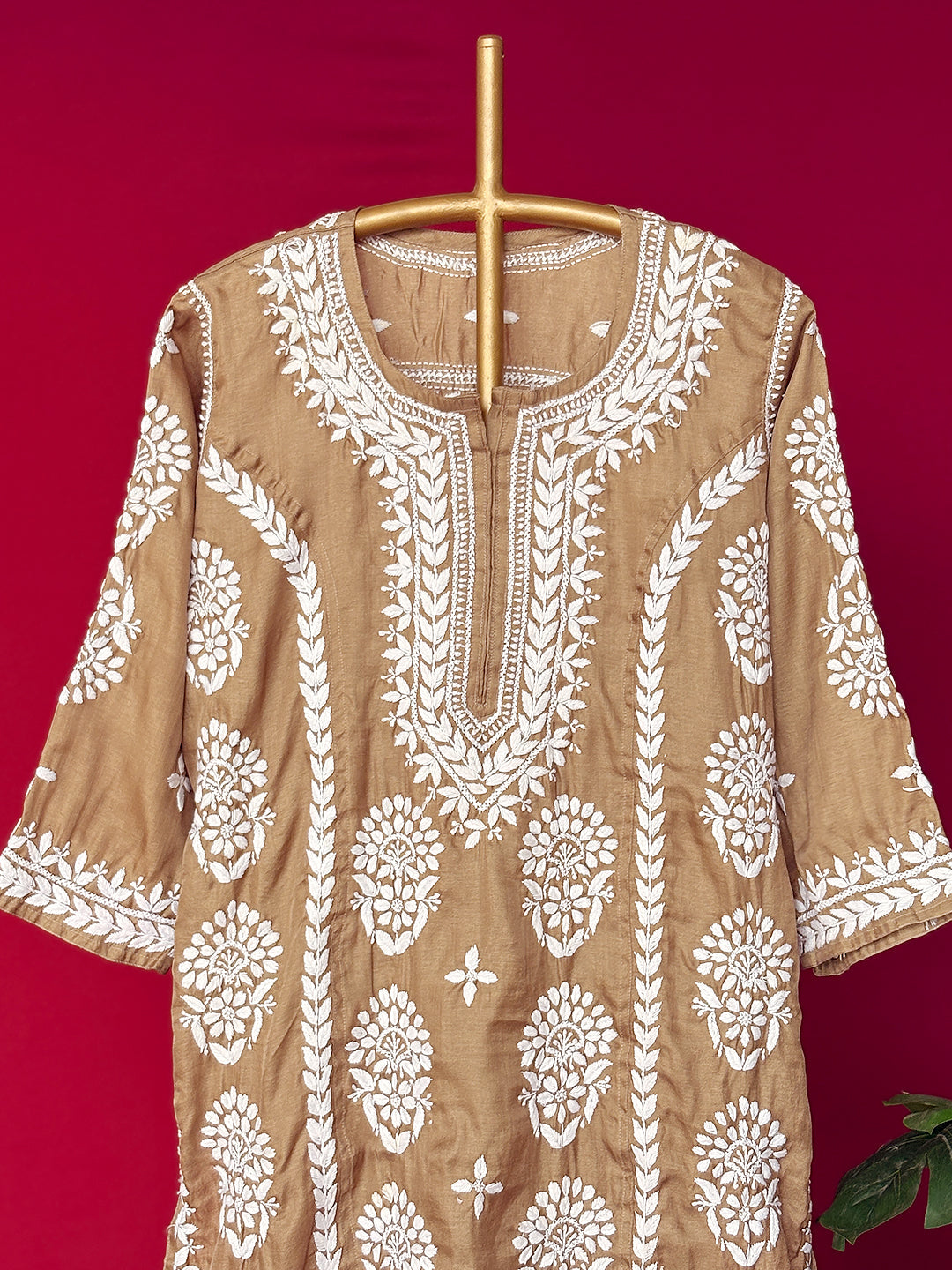 Wareeha Italian Silk Chikankari Kurta - Khaki